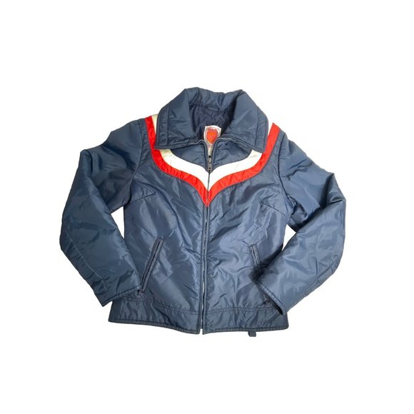 Vintage Ski Jacket Womens S/M SKYR 70s Retro Puffer Navy Blue Red White Stripe - Picture 11 of 12